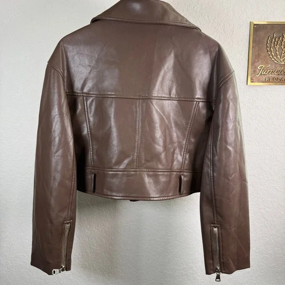 Lioness Staten Island Brown Vegan Leather Cropped Moto Jacket Womens XS NEW - Picture 10 of 11